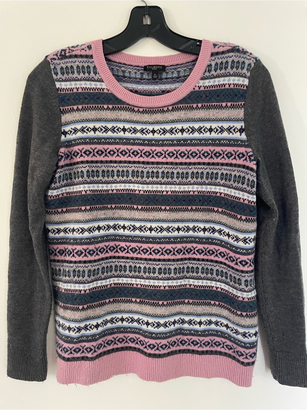 Talbots Pink, Gray & White Fair Isle Crewneck Sweater